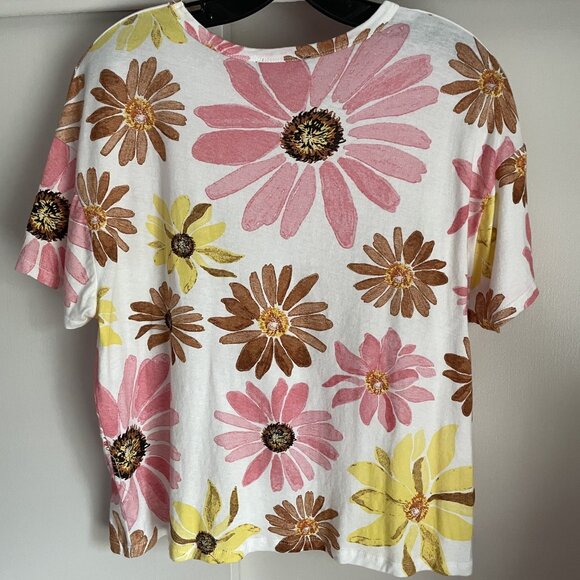 Zara Floral Top Pink Flower Tee Short Sleeve Size M White/Multi Cotton - Picture 6 of 7